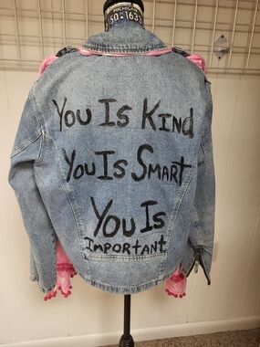 Upcycled Vici Light Wash Denim Jacket with Movie Statement, Small Runs Large